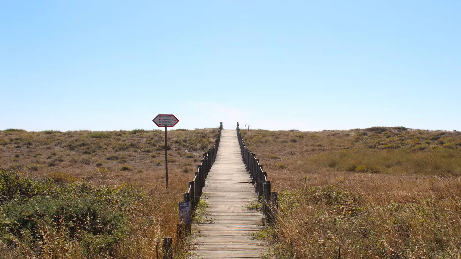 A long wooden boardwalk running straight through low scrub under a clear sky