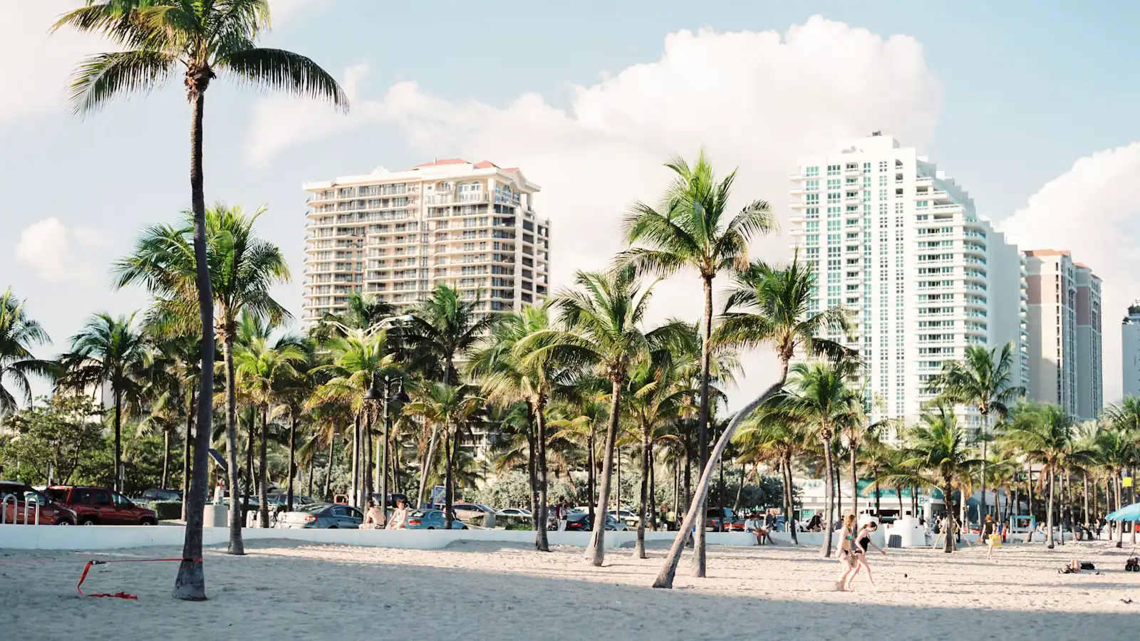 A palm-lined beach in front of a row of high-rise hotel towers